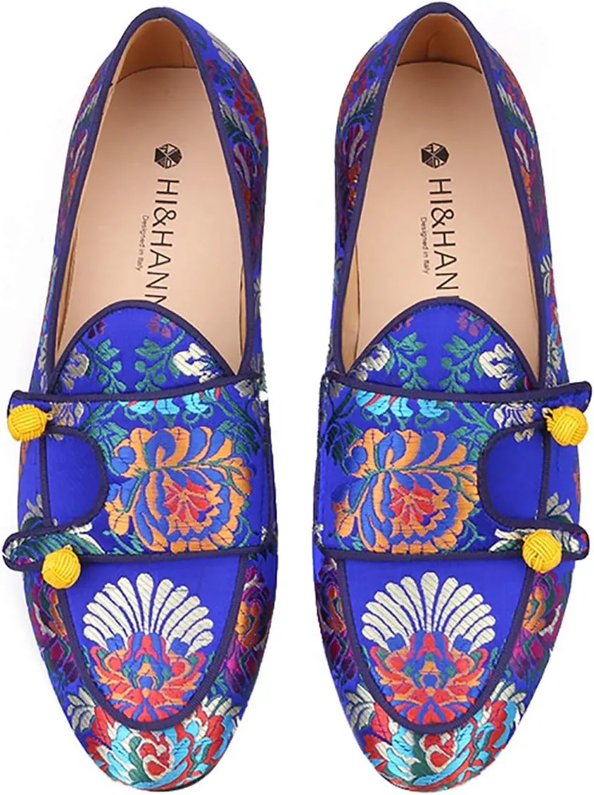 HI&HANN Men Silk Shoes Chinese Style Flower Men's Loafers Wedding and Party Smoking Slippers