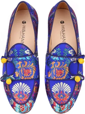 HI&HANN Men Silk Shoes Chinese Style Flower Men's Loafers Wedding and Party Smoking Slippers