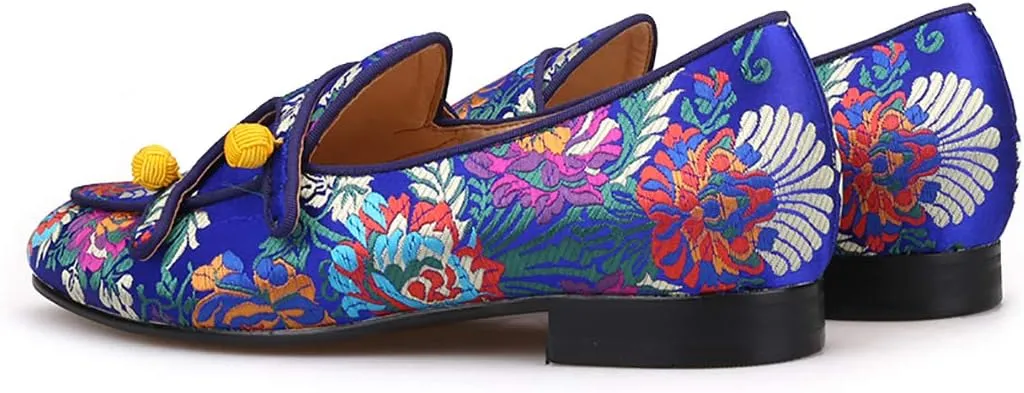 HI&HANN Men Silk Shoes Chinese Style Flower Men's Loafers Wedding and Party Smoking Slippers