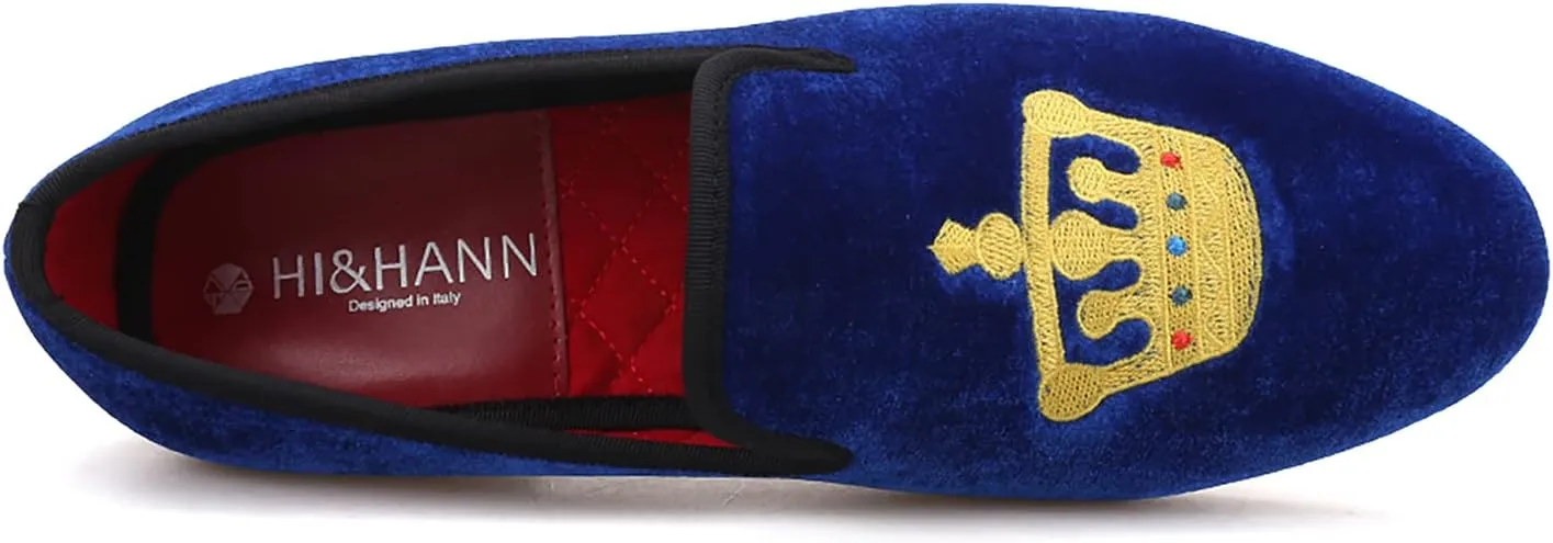 HI&HANN Men's Embroidered Velvet Loafer Shoes Slip-on Loafer Round Toes Smoking Slipper