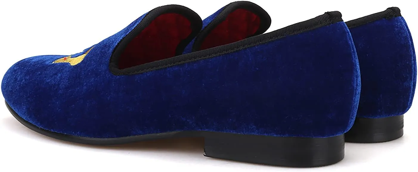 HI&HANN Men's Embroidered Velvet Loafer Shoes Slip-on Loafer Round Toes Smoking Slipper