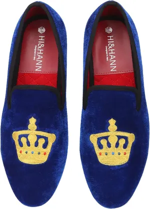 HI&HANN Men's Embroidered Velvet Loafer Shoes Slip-on Loafer Round Toes Smoking Slipper