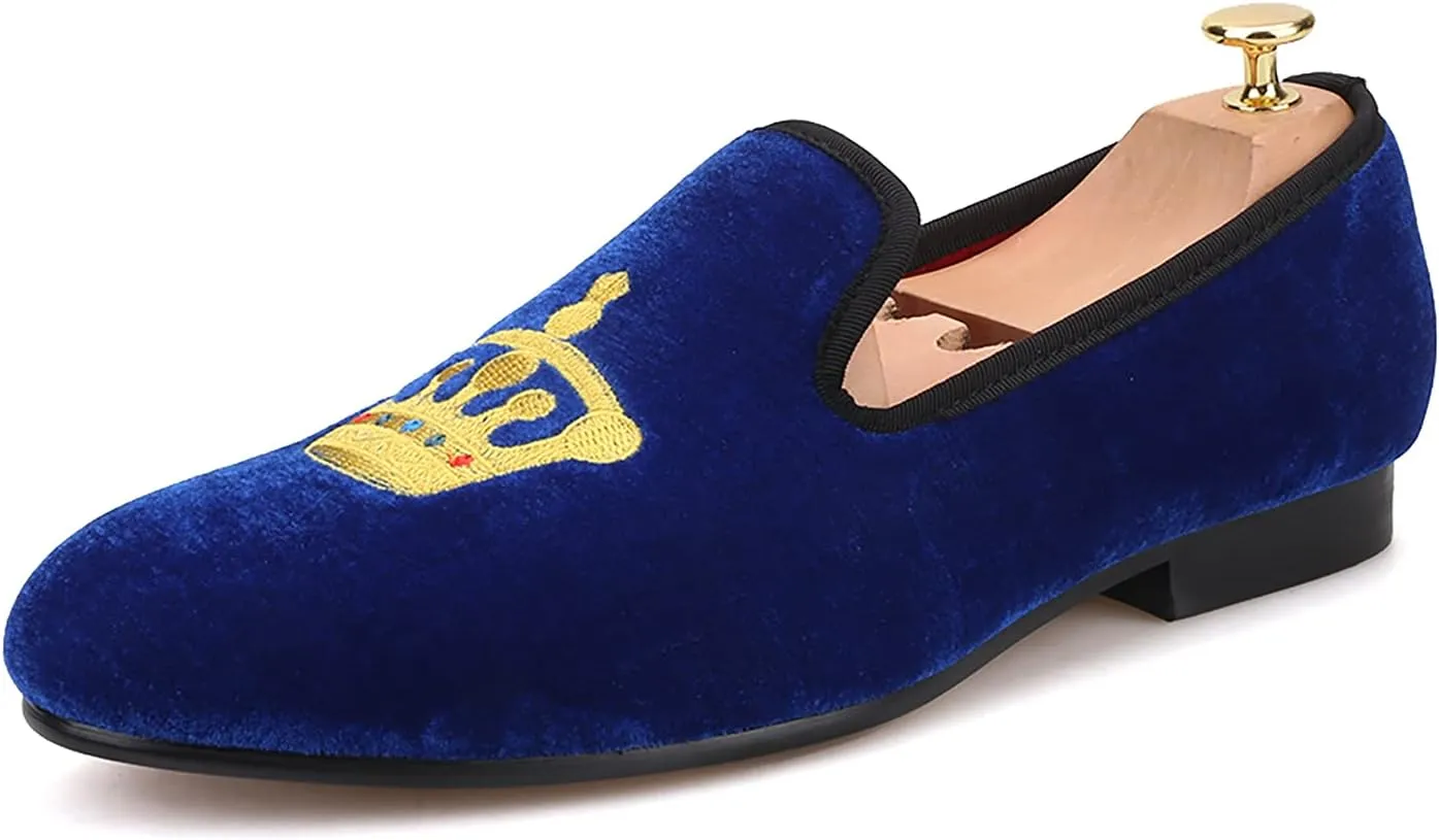 HI&HANN Men's Embroidered Velvet Loafer Shoes Slip-on Loafer Round Toes Smoking Slipper