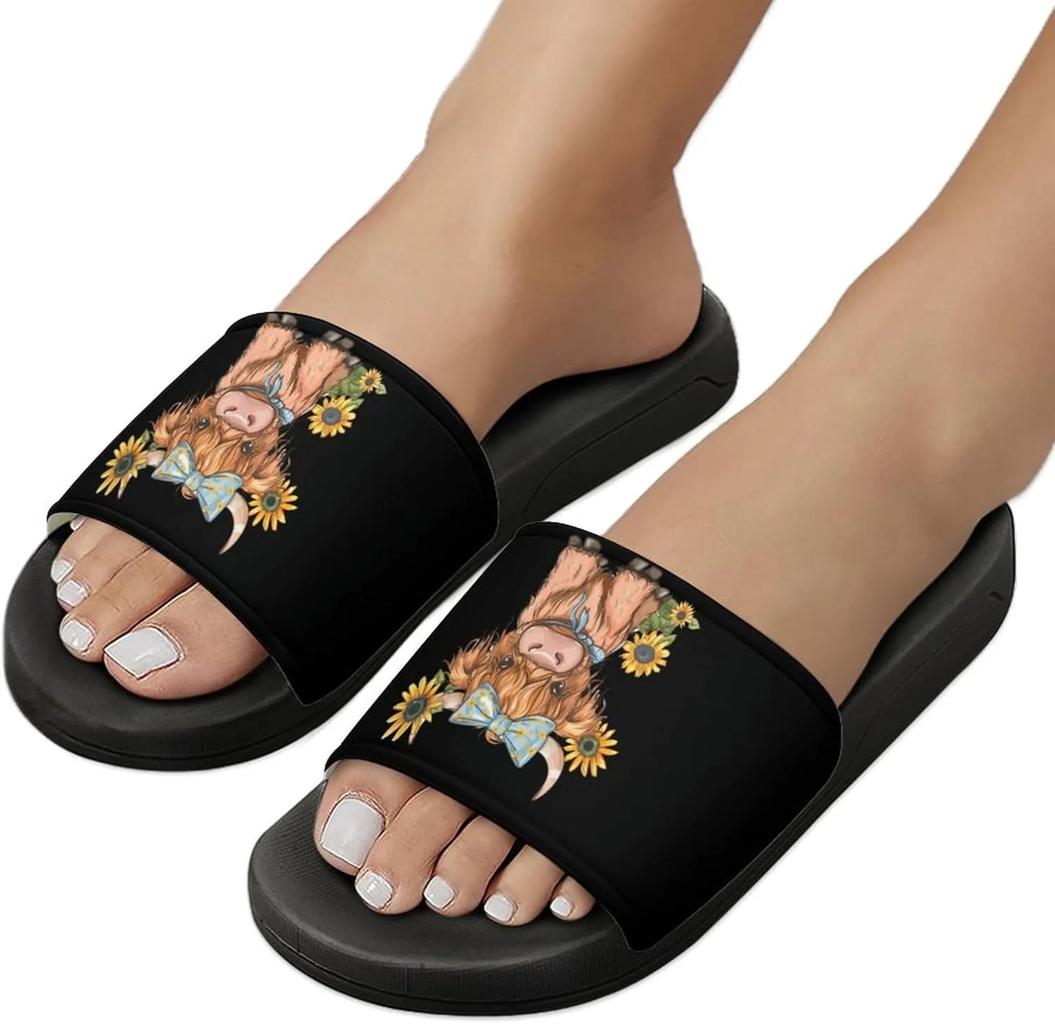 Highland Cow With Sunflowers Slippers for Women Men Anti-Slip Shower Slides Open Toe Slippers for Home Outdoor Beach