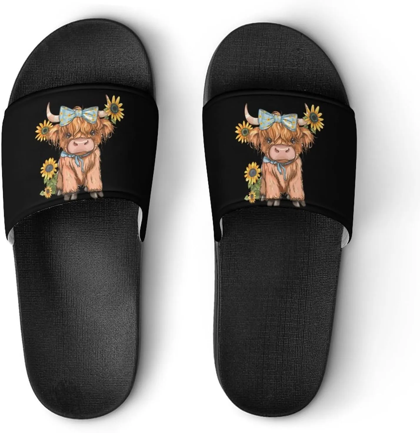 Highland Cow With Sunflowers Slippers for Women Men Anti-Slip Shower Slides Open Toe Slippers for Home Outdoor Beach