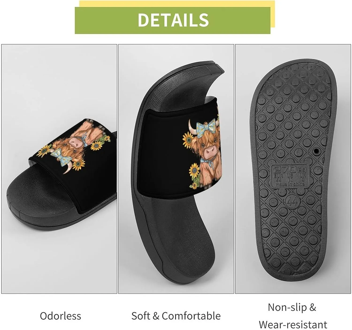 Highland Cow With Sunflowers Slippers for Women Men Anti-Slip Shower Slides Open Toe Slippers for Home Outdoor Beach
