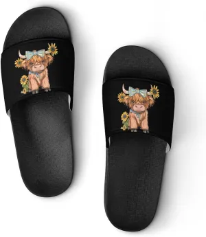 Highland Cow With Sunflowers Slippers for Women Men Anti-Slip Shower Slides Open Toe Slippers for Home Outdoor Beach