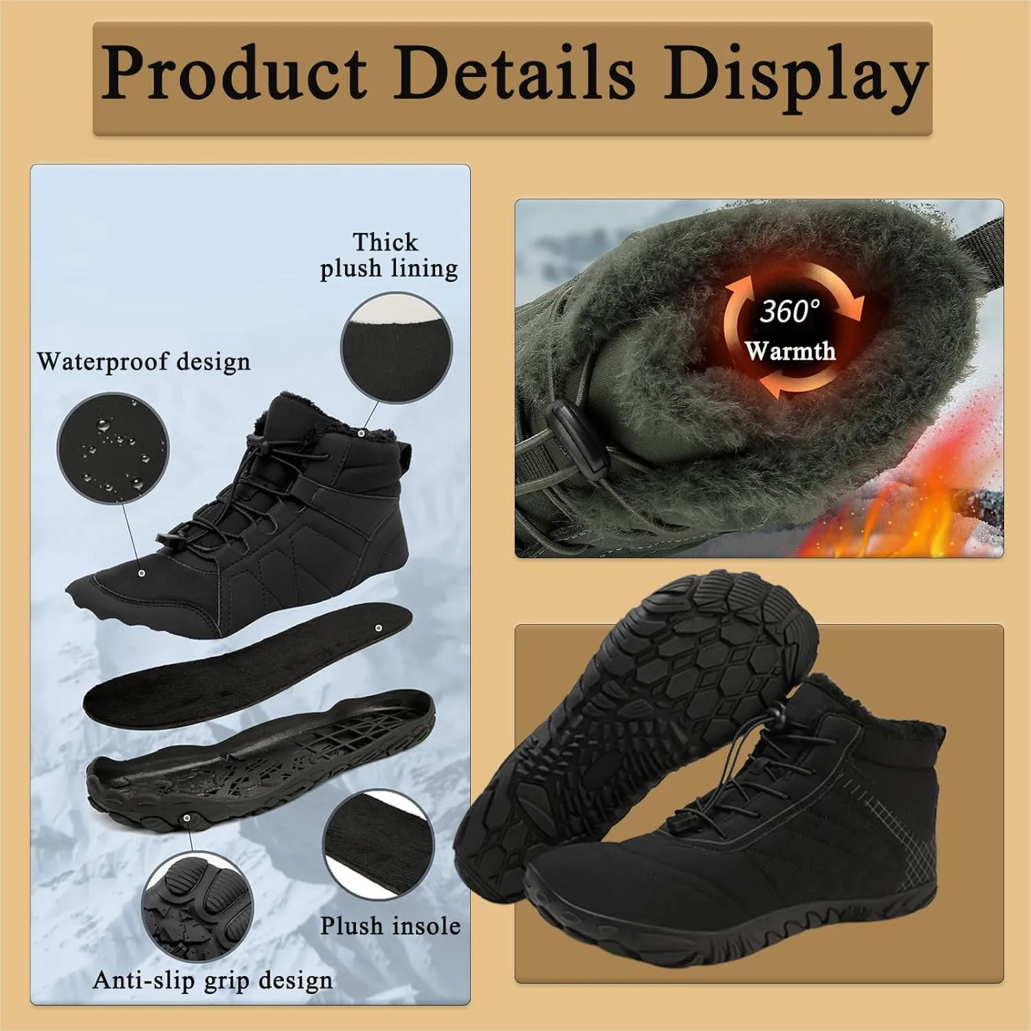 Hike Winter Footwear Barefoot Shoes Women Men, Autumn Winter Waterproof Wide Toe Box Barefoot Shoes Walking Boots Warm Sneaker
