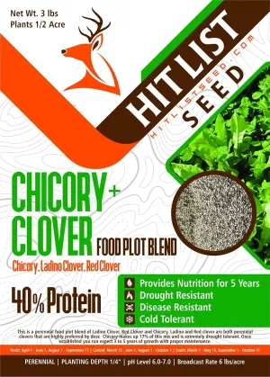 HIT LIST SEED® Chicory   Clover Food Plot Seeds for Deer [Perennial] - Deer Food Plot Seed Perennial - Deer Plot Seed Mix - Chicory, Ladino Clover, Red Clover - Spring, Summer & Fall Planting - 3 lbs