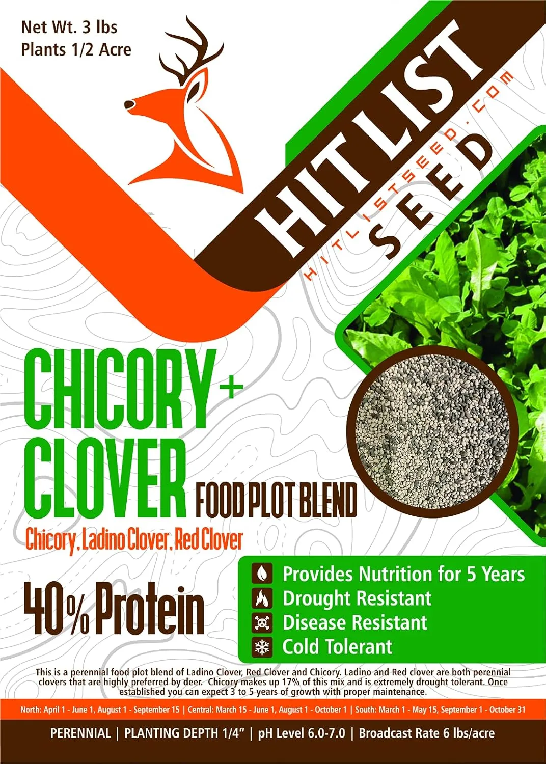 HIT LIST SEED® Chicory   Clover Food Plot Seeds for Deer [Perennial] - Deer Food Plot Seed Perennial - Deer Plot Seed Mix - Chicory, Ladino Clover, Red Clover - Spring, Summer & Fall Planting - 3 lbs