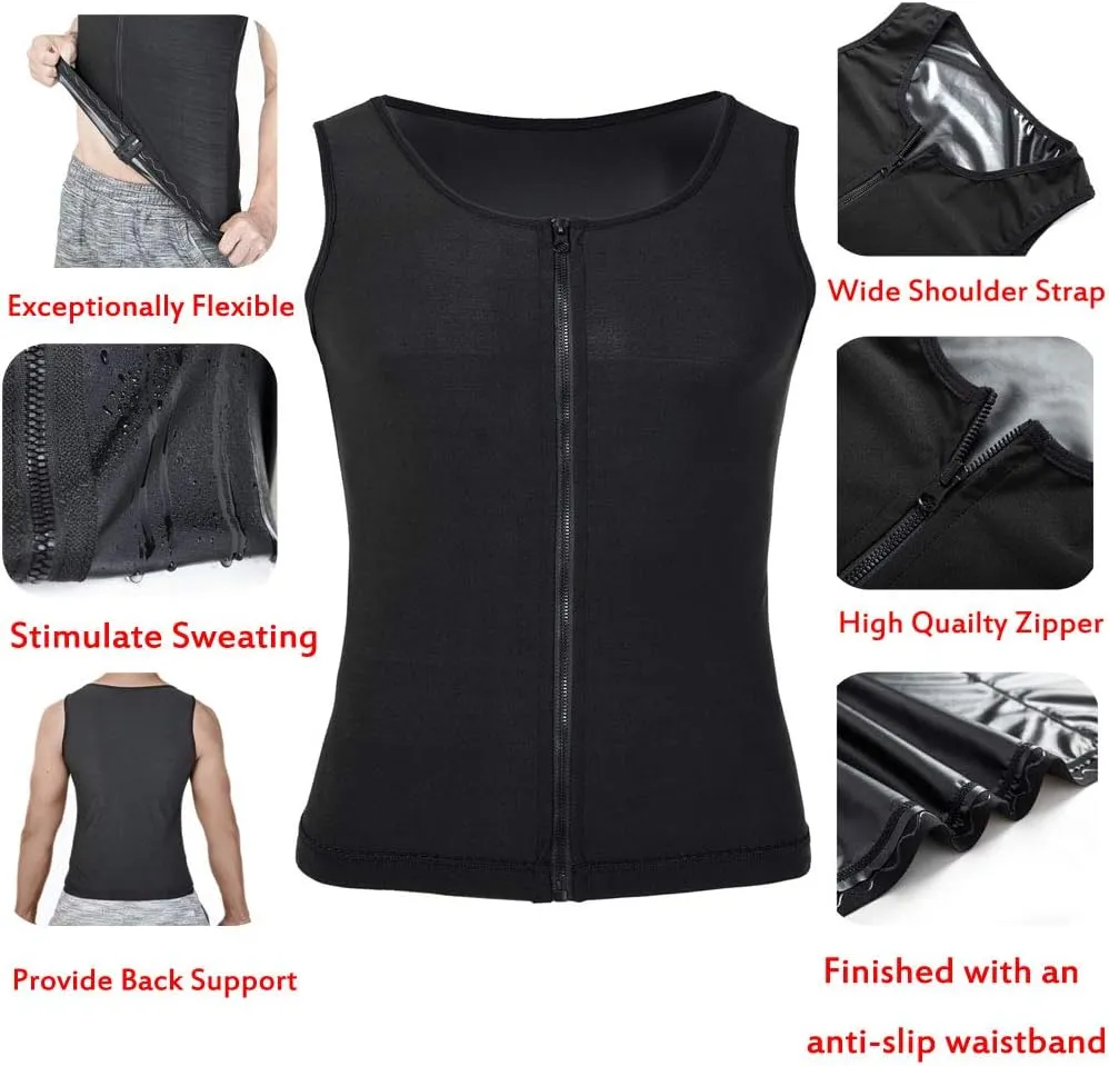 HOMETA Sweat Vest for Men Waist Trainer Sauna Vest Body Shaper Polymer Zipper Weight Loss Sauna Tank Top Workout Shirt
