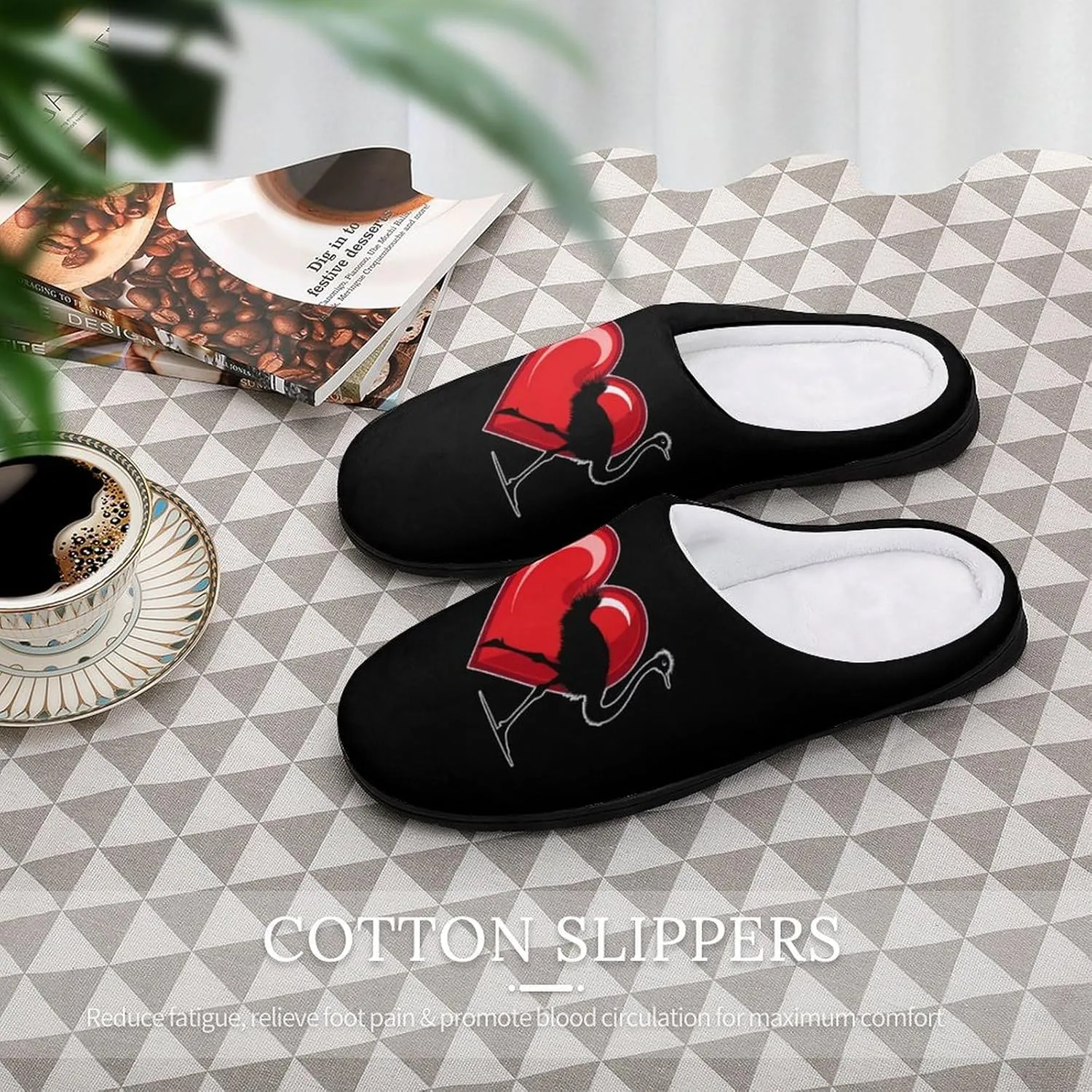 I Heart Love Ostrich Ostriches Women's House Slippers Anti-Slip Cotton Home Shoes with Rubber Soles for Indoor Outdoor