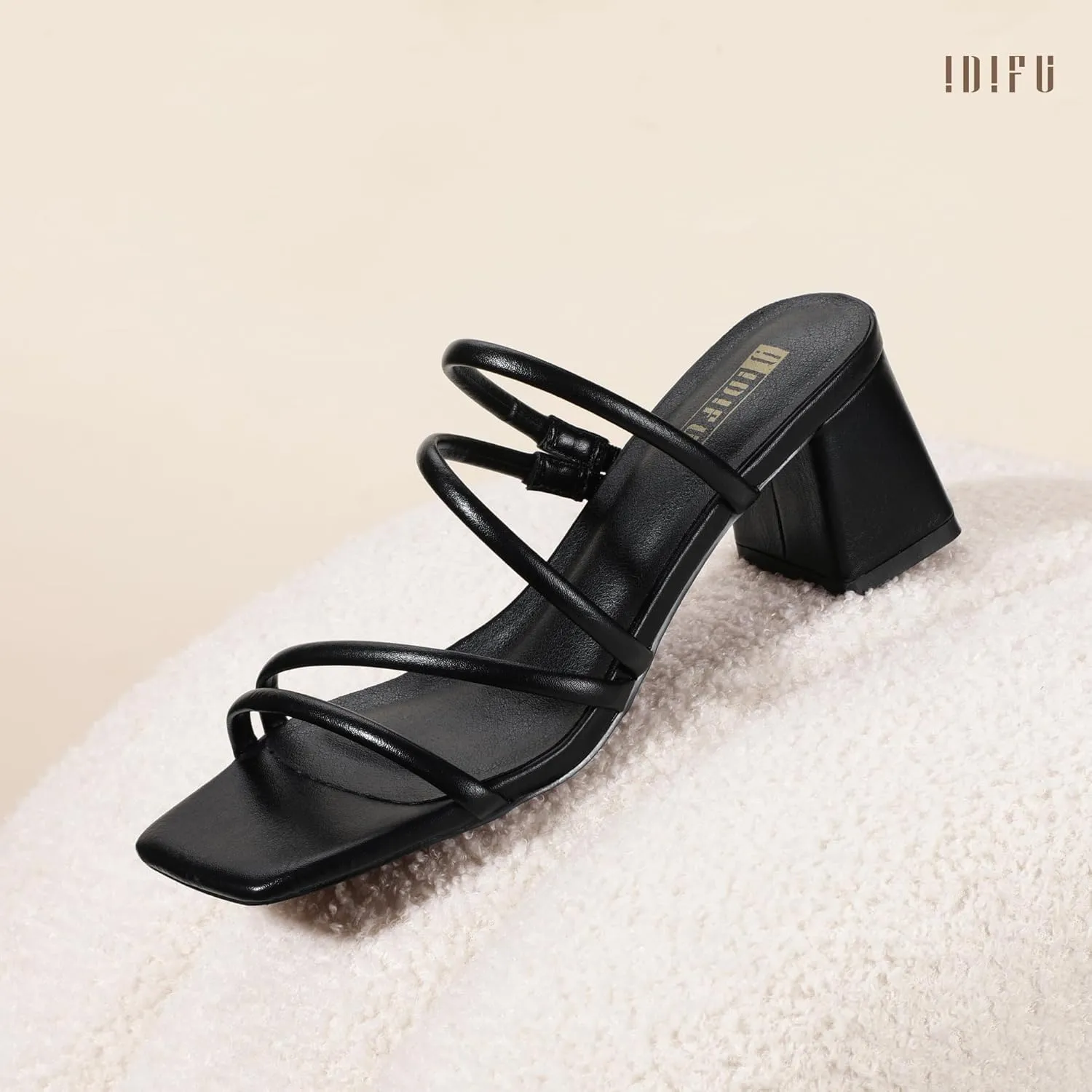 IDIFU IN2 Strappy Heels for Women Square Toe Low Chunky Block Heels Wedding Prom Slip On Dress Shoes for Bride Bridesmaid Comfortable Heeled Slide Sandals Slingback Short Mule Heels