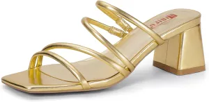 IDIFU IN2 Strappy Heels for Women Square Toe Low Chunky Block Heels Wedding Prom Slip On Dress Shoes for Bride Bridesmaid Comfortable Heeled Slide Sandals Slingback Short Mule Heels