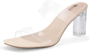 IDIFU IN3 Clear Heels for Women Transparent Two Strap Low Chunky Block Heels Square Open Toe Slides Heeled Sandals Wedding Prom Party Dress Shoes Comfortable Slip On Mule Heels