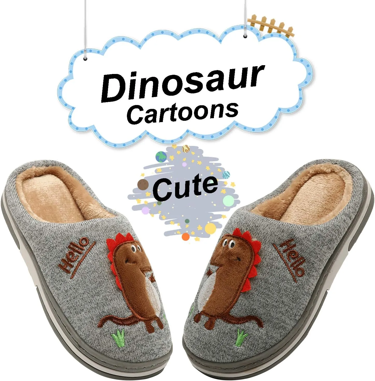 INMINPIN Boys Girls Cozy House Slippers Warm Plush Winter Cotton Slipper Kids Cute Dinosaur Indoor Shoes Non-Slip