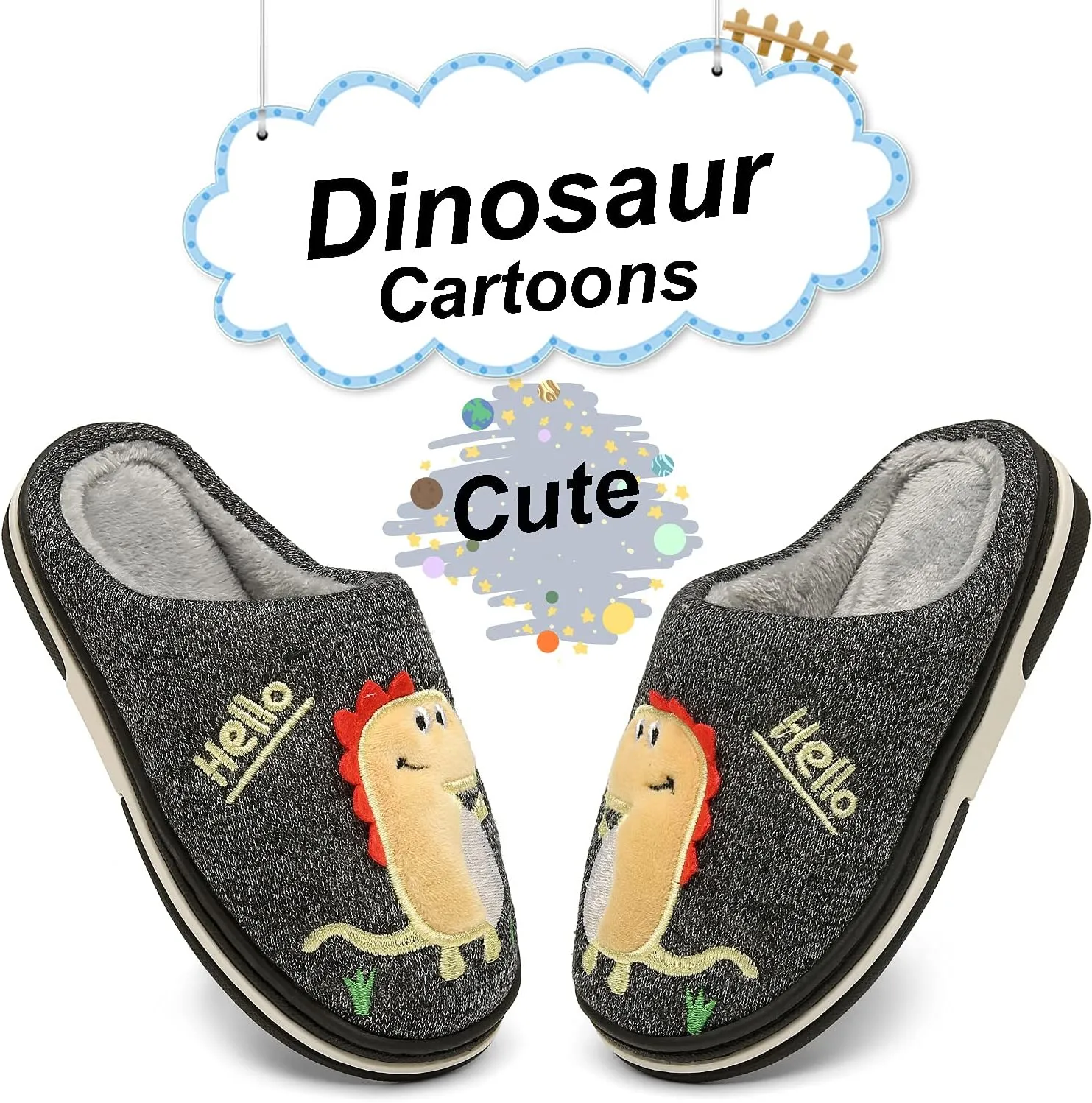 INMINPIN Boys Girls Cozy House Slippers Warm Plush Winter Cotton Slipper Kids Cute Dinosaur Indoor Shoes Non-Slip
