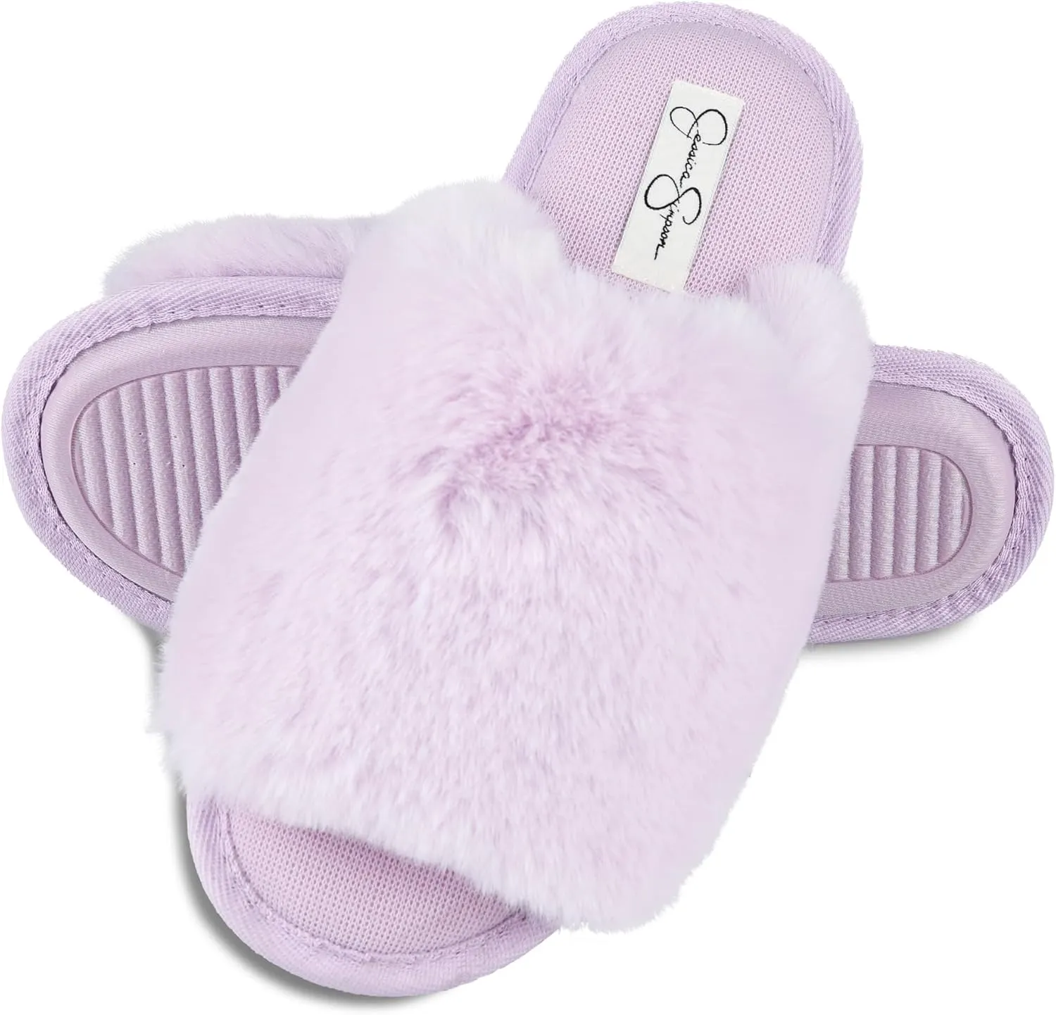 Jessica Simpson Women's Plush Faux Fur Fuzzy Slide on Open Toe Slipper with Memory Foam