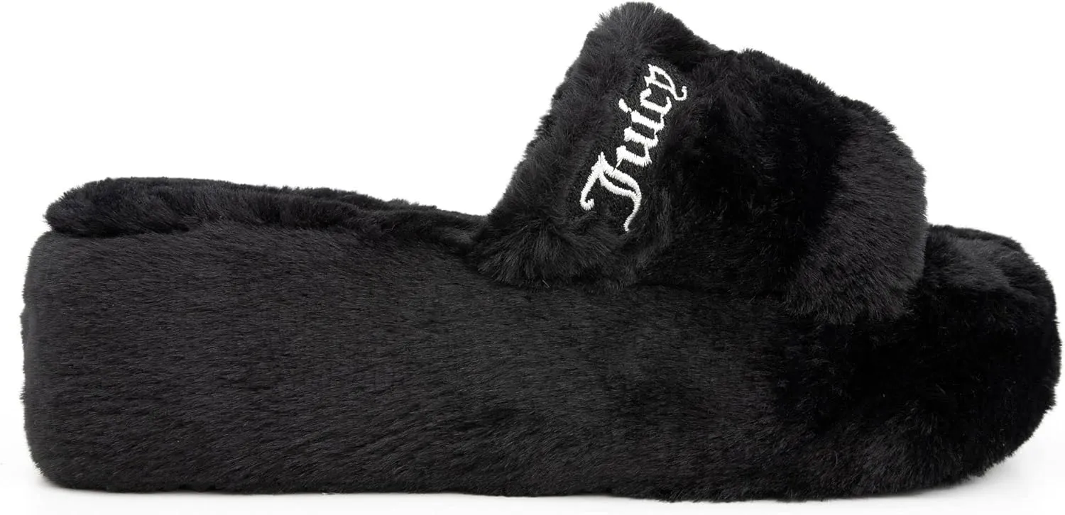 Juicy Couture Women's Faux Fur Platform Slippers – Fluffy Cozy Indoor Outdoor Slip-On House Shoes