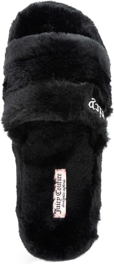 Juicy Couture Women's Faux Fur Platform Slippers – Fluffy Cozy Indoor Outdoor Slip-On House Shoes