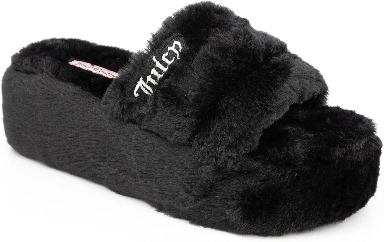 Juicy Couture Women's Faux Fur Platform Slippers – Fluffy Cozy Indoor Outdoor Slip-On House Shoes