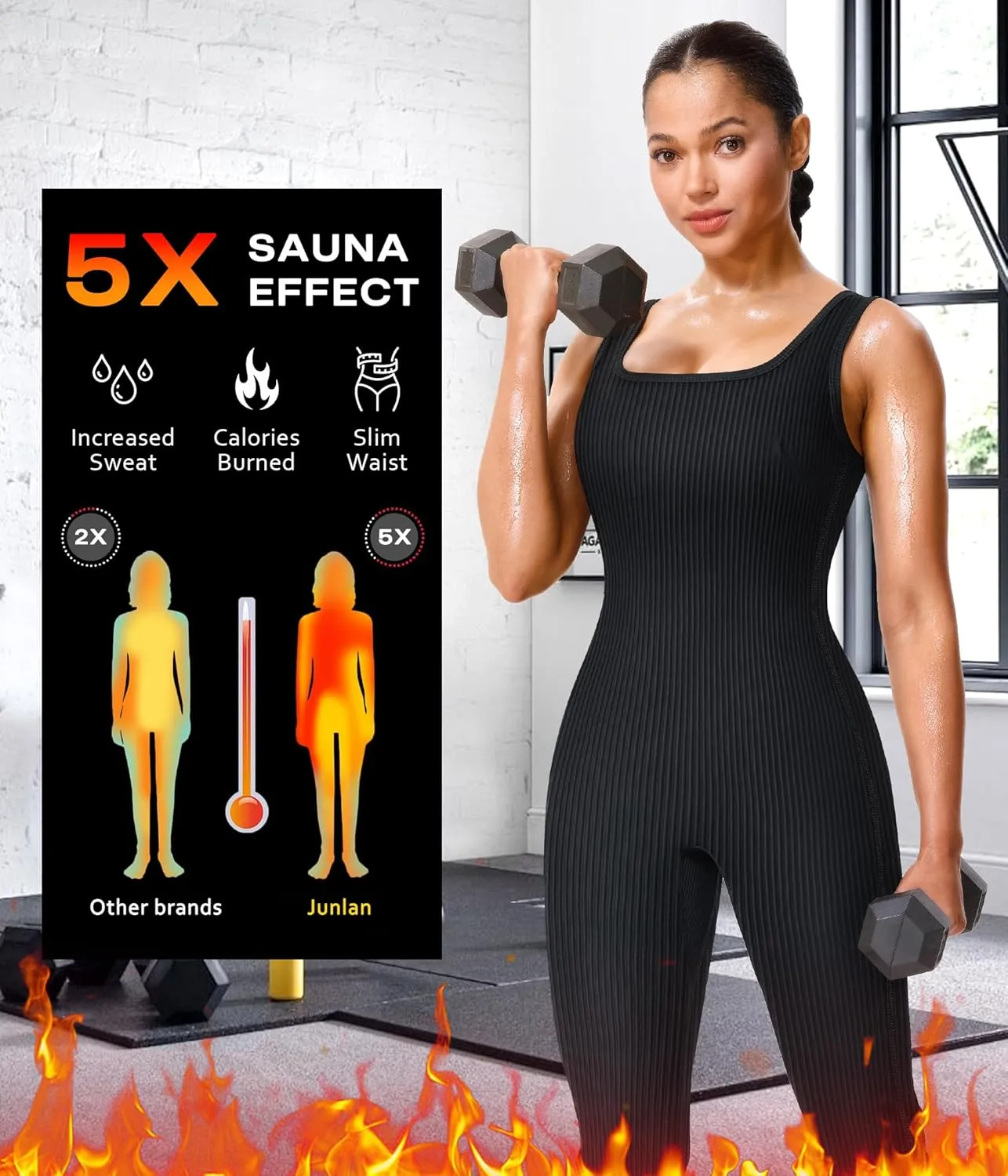 Junlan Sauna Suit Women Waist Trainer Ribbed Sweat Sauna Shirt Full Body Jumpsuit
