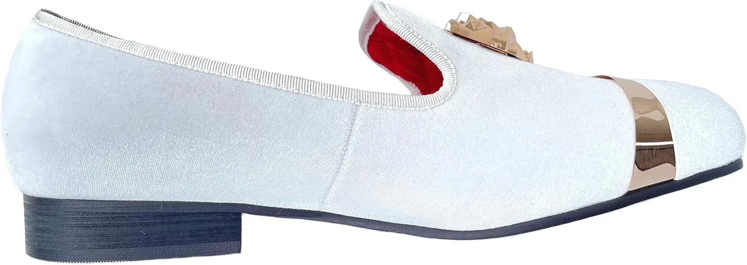 Justar Men's Velvet Loafers Slip-on Dress Shoes with Gold Buckle Penny Loafer Red Slippers Flats