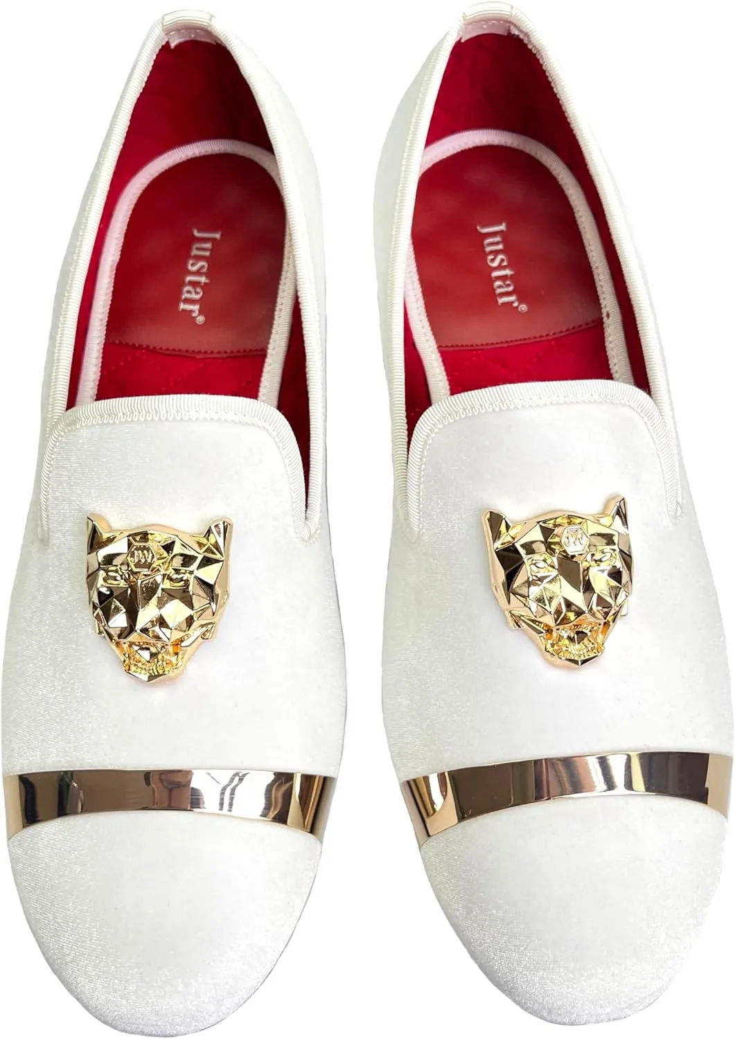 Justar Men's Velvet Loafers Slip-on Dress Shoes with Gold Buckle Penny Loafer Red Slippers Flats