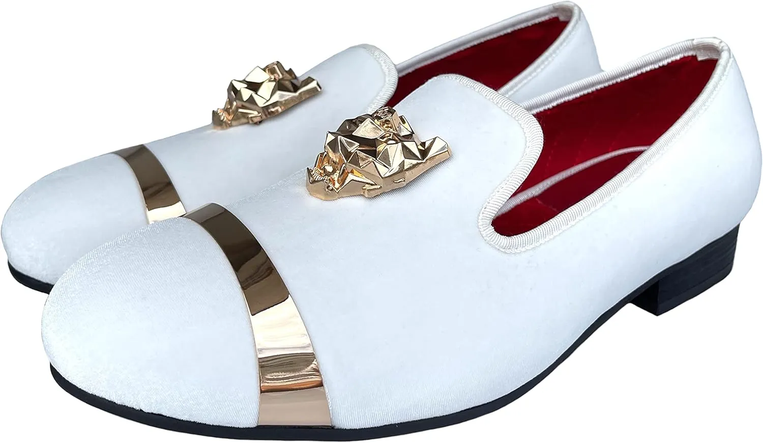 Justar Men's Velvet Loafers Slip-on Dress Shoes with Gold Buckle Penny Loafer Red Slippers Flats