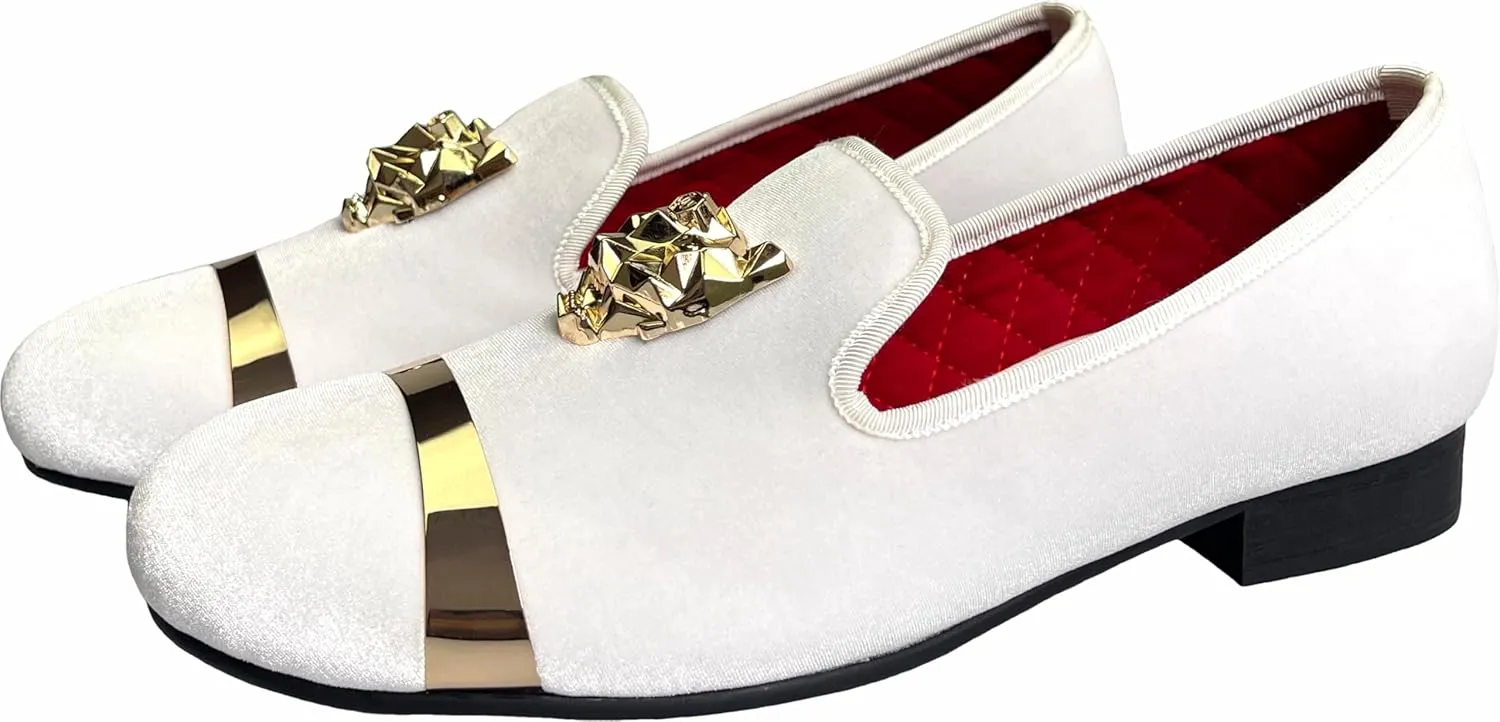 Justar Men's Velvet Loafers Slip-on Dress Shoes with Gold Buckle Penny Loafer Red Slippers Flats