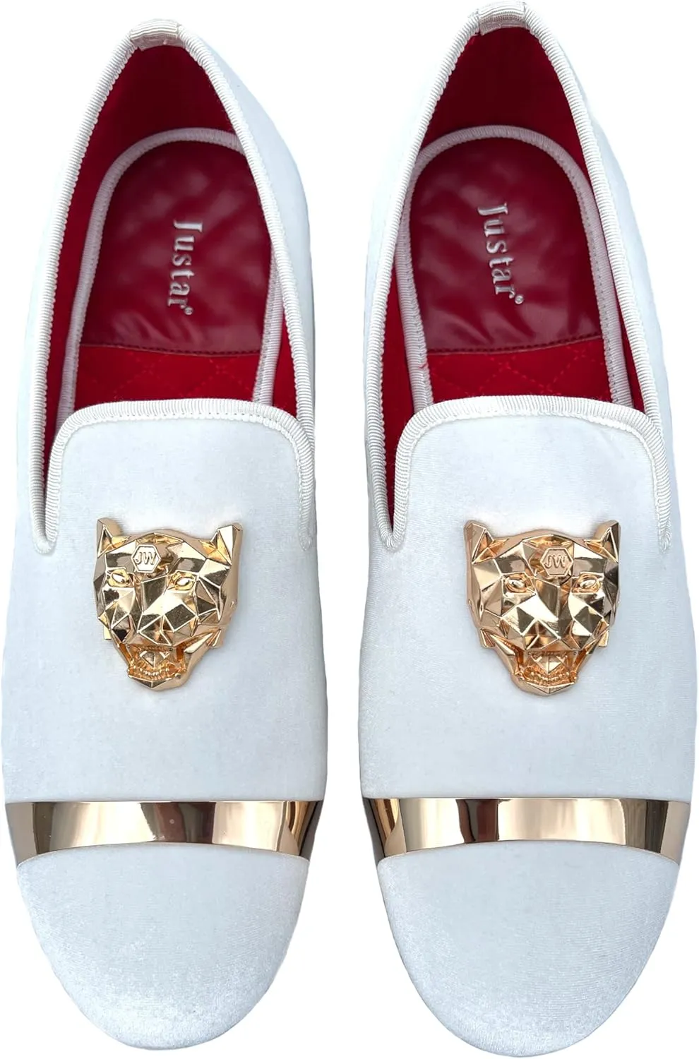 Justar Men's Velvet Loafers Slip-on Dress Shoes with Gold Buckle Penny Loafer Red Slippers Flats
