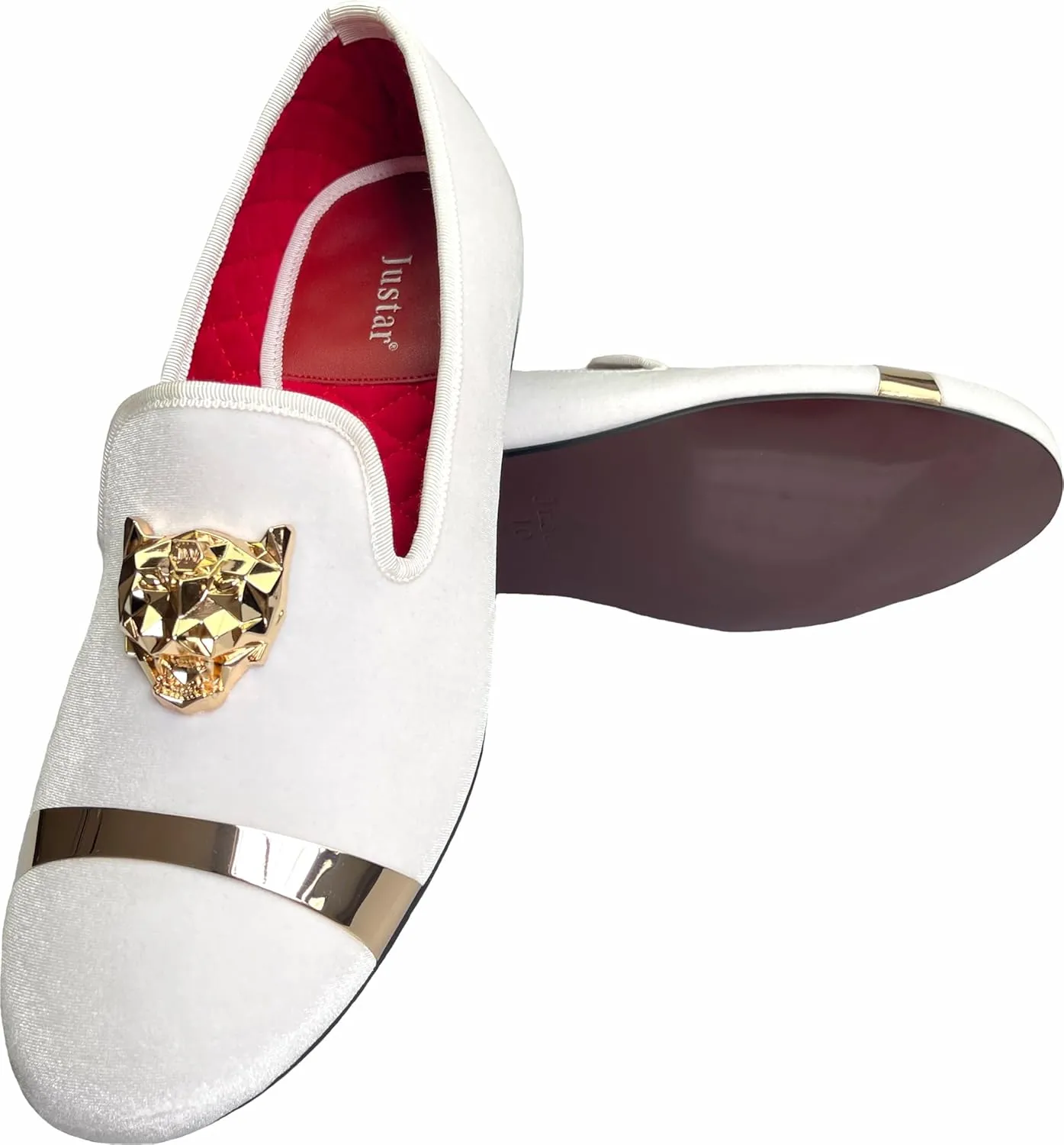 Justar Men's Velvet Loafers Slip-on Dress Shoes with Gold Buckle Penny Loafer Red Slippers Flats