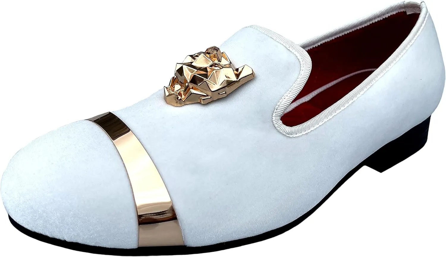 Justar Men's Velvet Loafers Slip-on Dress Shoes with Gold Buckle Penny Loafer Red Slippers Flats