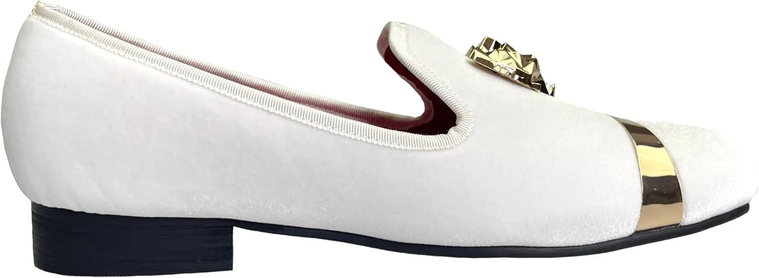 Justar Men's Velvet Loafers Slip-on Dress Shoes with Gold Buckle Penny Loafer Red Slippers Flats