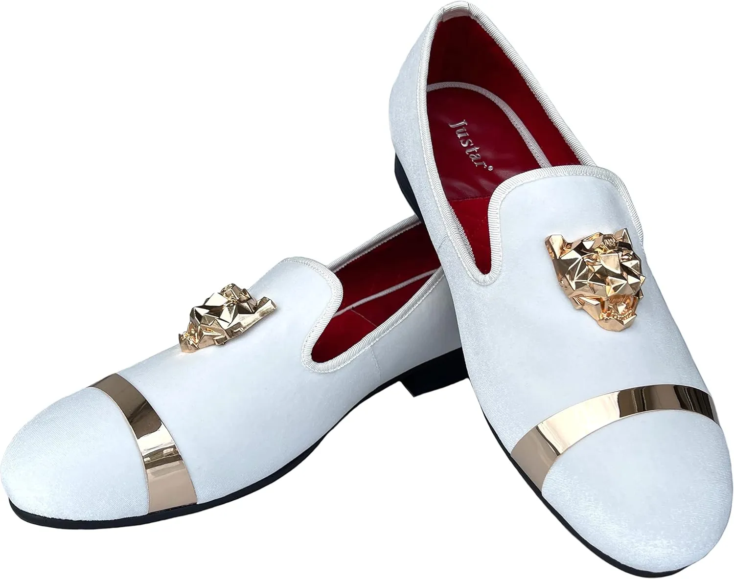 Justar Men's Velvet Loafers Slip-on Dress Shoes with Gold Buckle Penny Loafer Red Slippers Flats