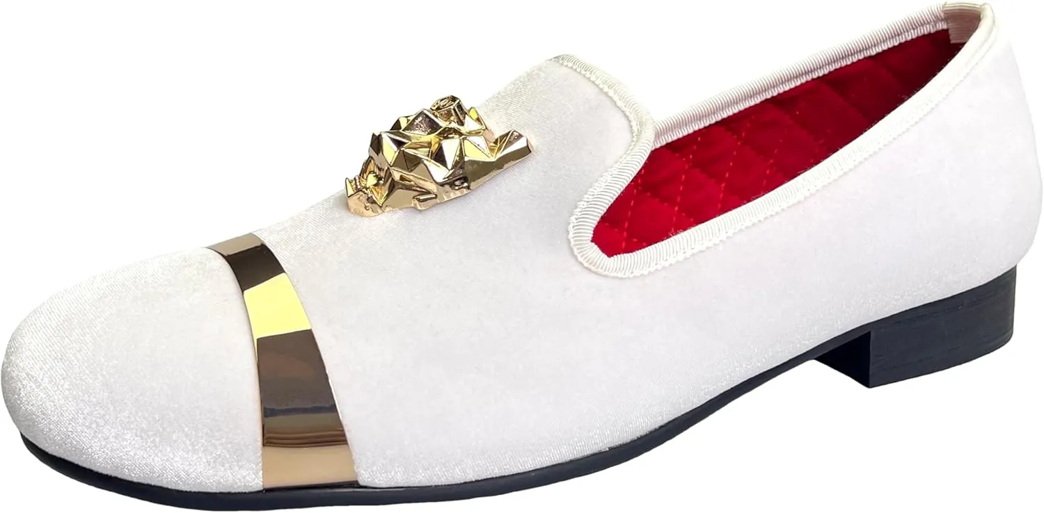Justar Men's Velvet Loafers Slip-on Dress Shoes with Gold Buckle Penny Loafer Red Slippers Flats