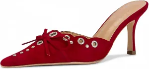 keleimusi Mid Heel Slip On Suede Pumps Studded Bow Heeled Mules Sandals Pointed Toe Shoes for Women
