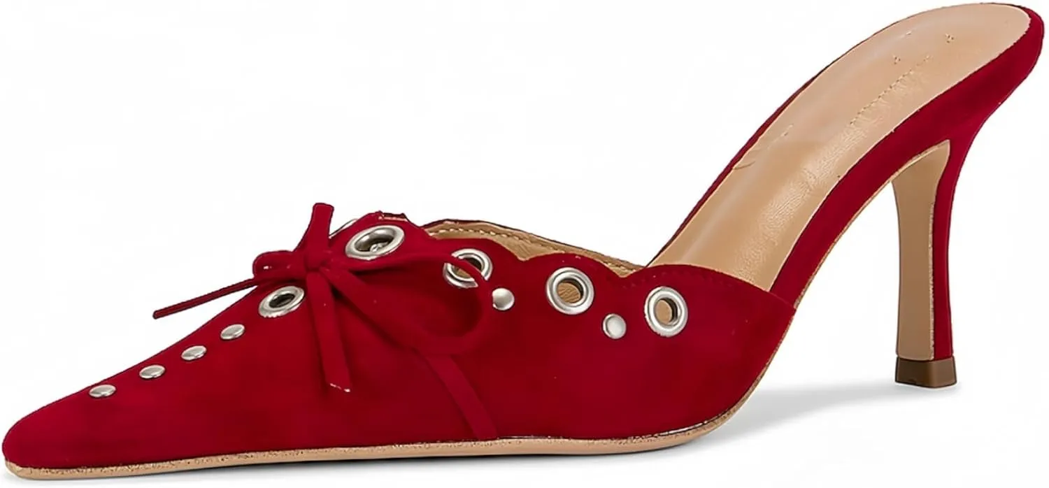 keleimusi Mid Heel Slip On Suede Pumps Studded Bow Heeled Mules Sandals Pointed Toe Shoes for Women