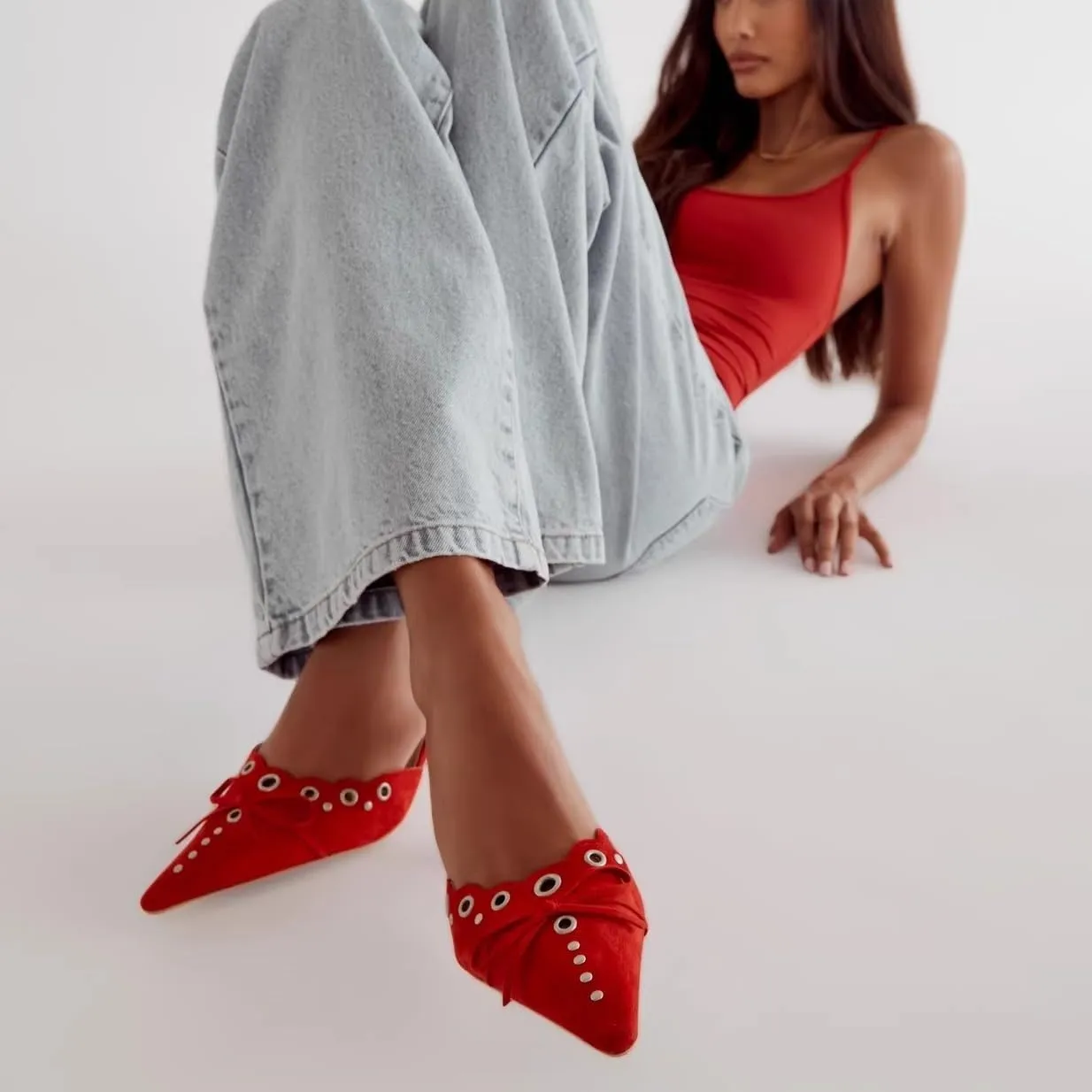keleimusi Mid Heel Slip On Suede Pumps Studded Bow Heeled Mules Sandals Pointed Toe Shoes for Women