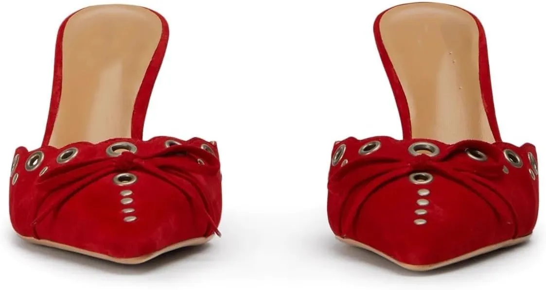 keleimusi Mid Heel Slip On Suede Pumps Studded Bow Heeled Mules Sandals Pointed Toe Shoes for Women