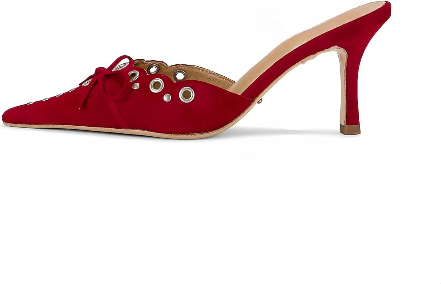 keleimusi Mid Heel Slip On Suede Pumps Studded Bow Heeled Mules Sandals Pointed Toe Shoes for Women