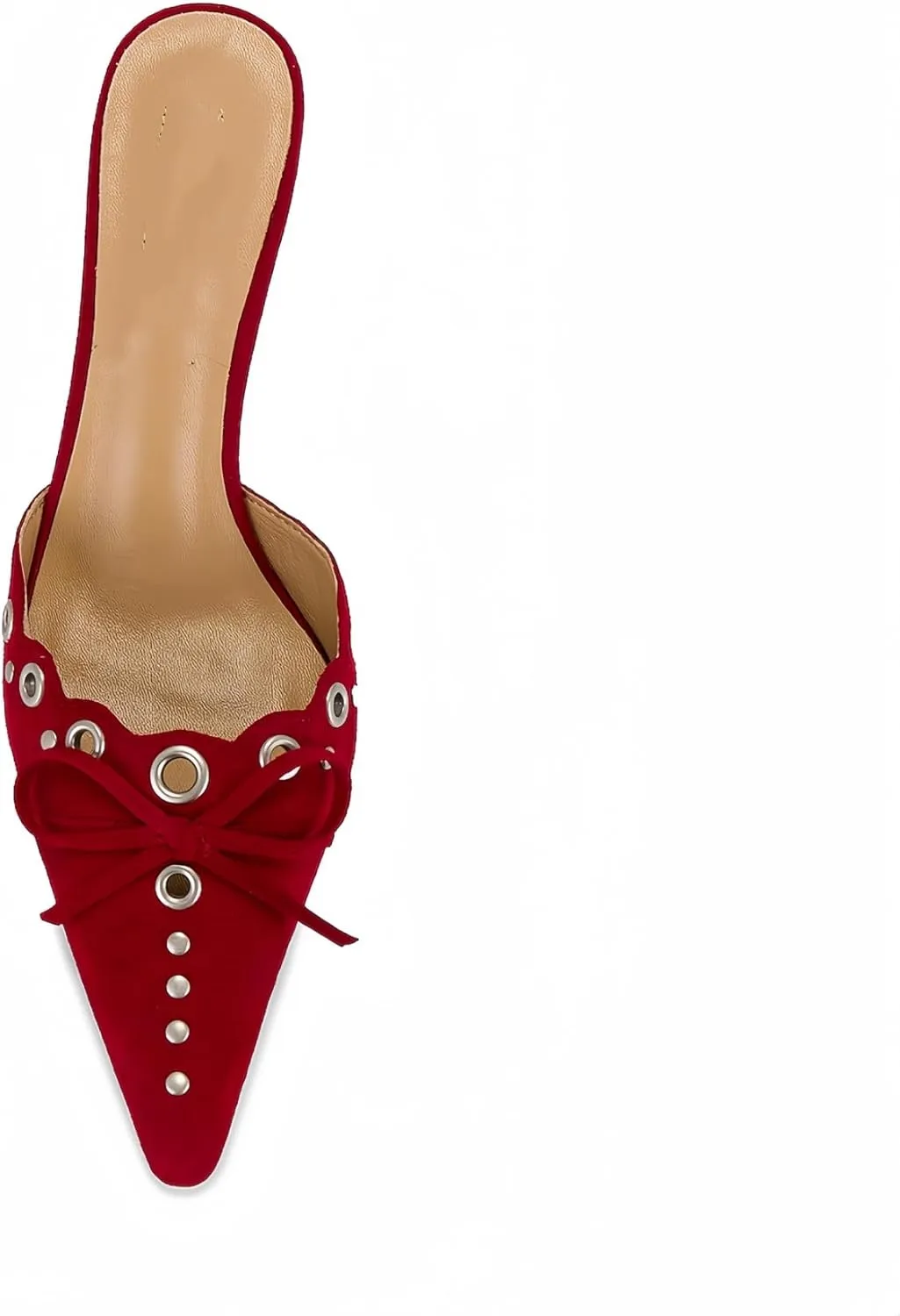 keleimusi Mid Heel Slip On Suede Pumps Studded Bow Heeled Mules Sandals Pointed Toe Shoes for Women