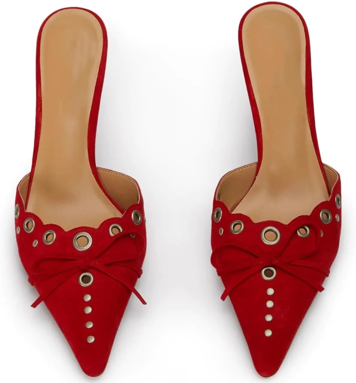 keleimusi Mid Heel Slip On Suede Pumps Studded Bow Heeled Mules Sandals Pointed Toe Shoes for Women