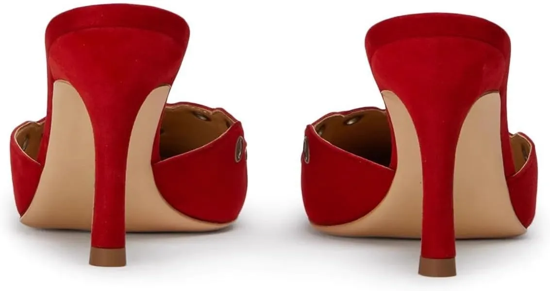 keleimusi Mid Heel Slip On Suede Pumps Studded Bow Heeled Mules Sandals Pointed Toe Shoes for Women
