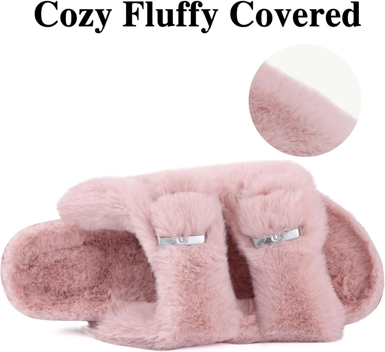 KIDMI Fuzzy Slippers Women with Cork Footbed Fluffy Slides Open Toe Indoor House Shoes | Arch Support | Adjustable Buckles