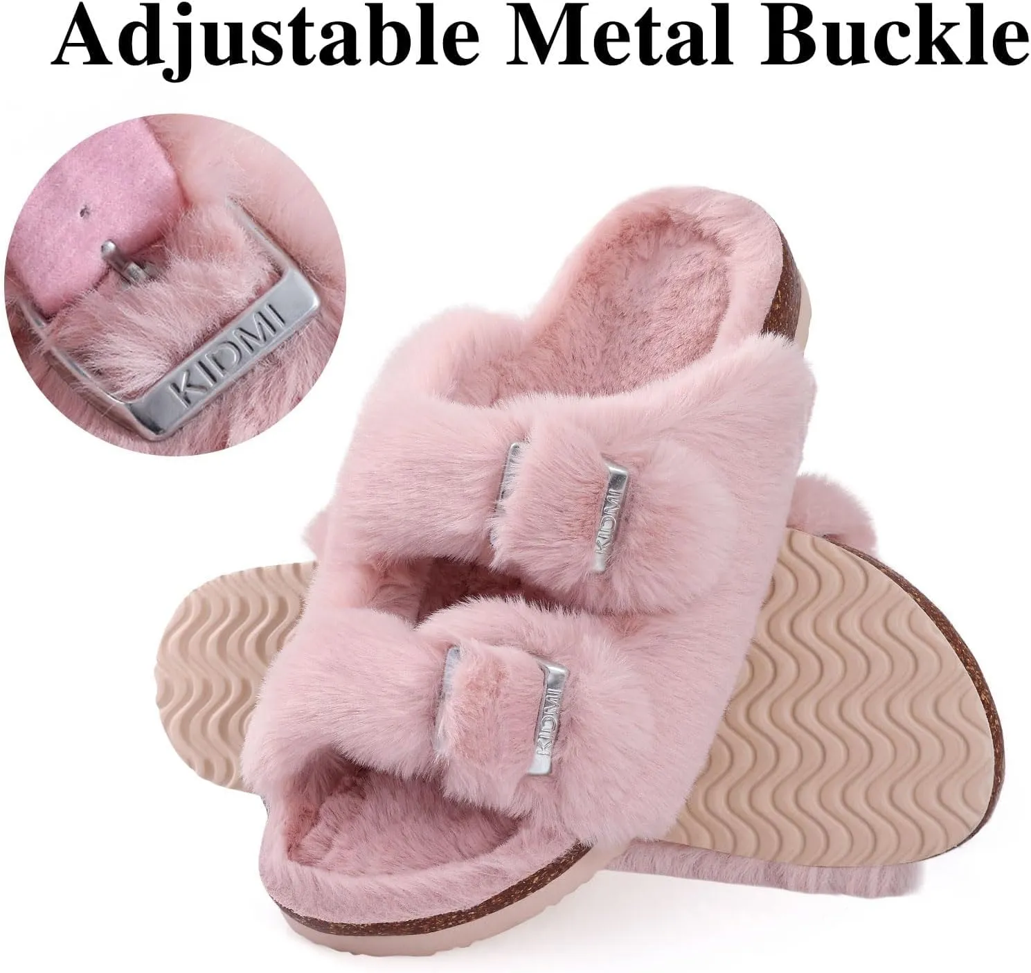 KIDMI Fuzzy Slippers Women with Cork Footbed Fluffy Slides Open Toe Indoor House Shoes | Arch Support | Adjustable Buckles