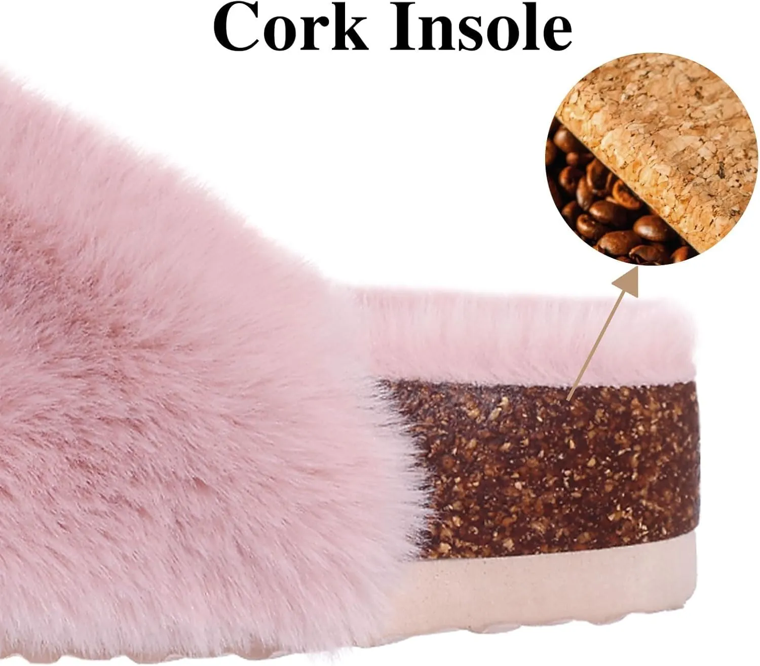 KIDMI Fuzzy Slippers Women with Cork Footbed Fluffy Slides Open Toe Indoor House Shoes | Arch Support | Adjustable Buckles