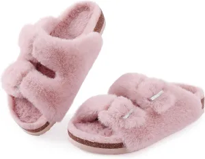 KIDMI Fuzzy Slippers Women with Cork Footbed Fluffy Slides Open Toe Indoor House Shoes | Arch Support | Adjustable Buckles