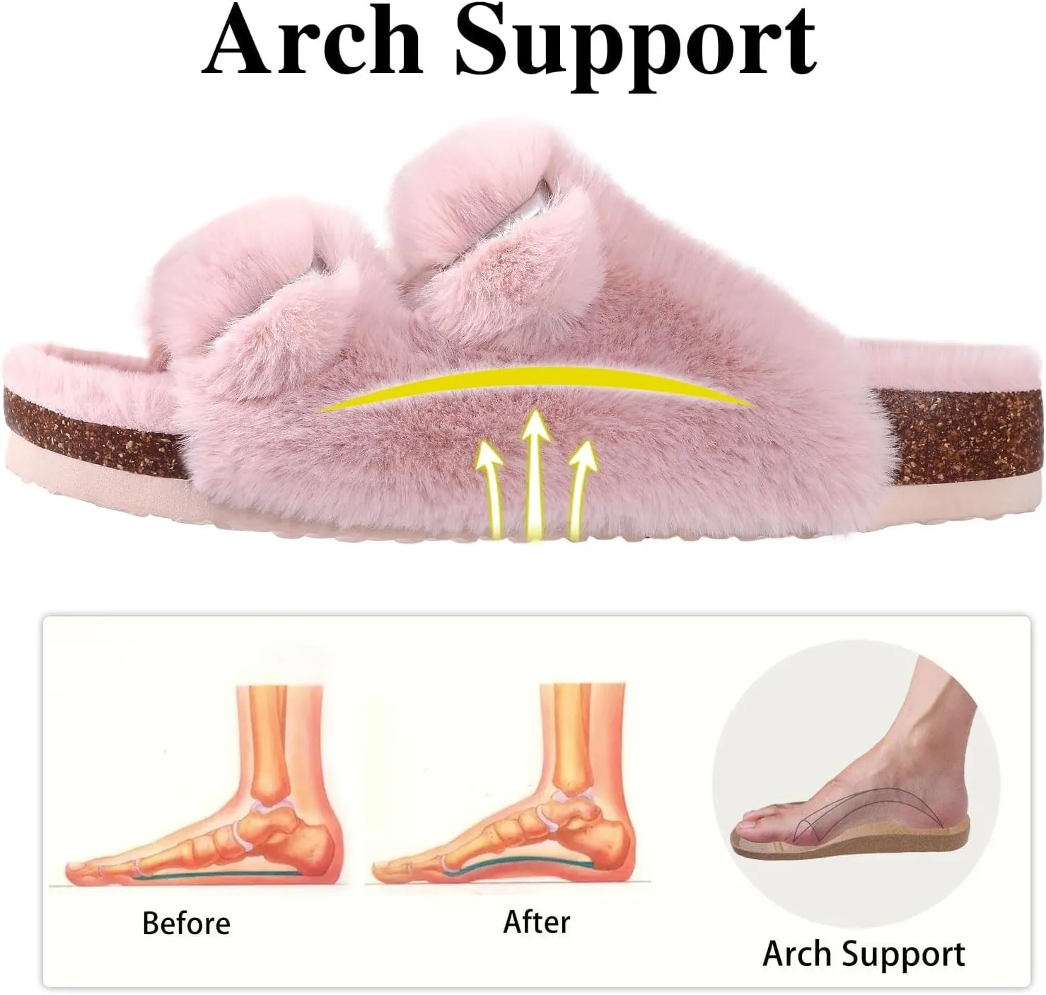 KIDMI Fuzzy Slippers Women with Cork Footbed Fluffy Slides Open Toe Indoor House Shoes | Arch Support | Adjustable Buckles