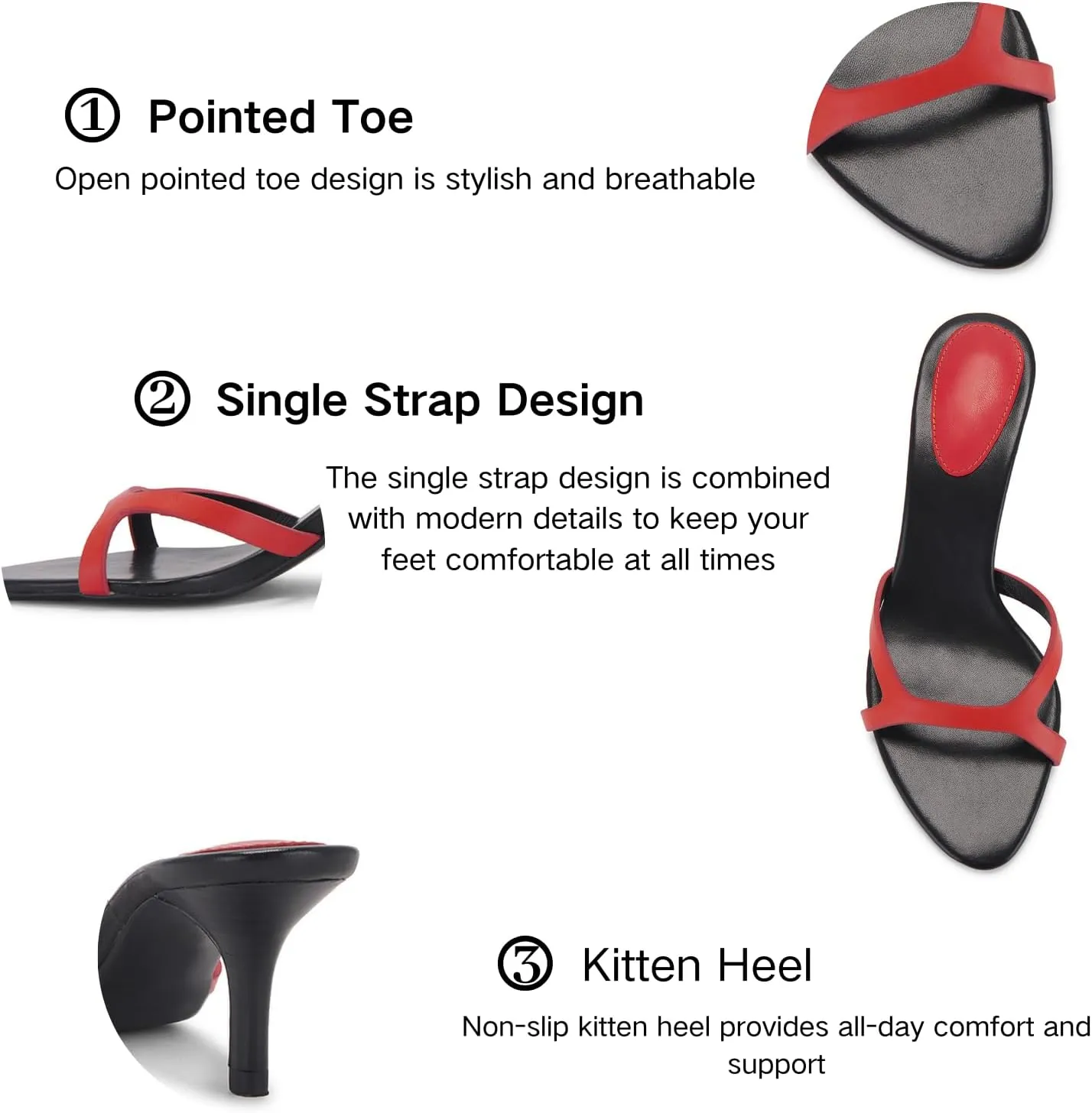Kitten Heels for Women Single Strap Low Heel Open Toe Mule Shoes Non Slip Sandals